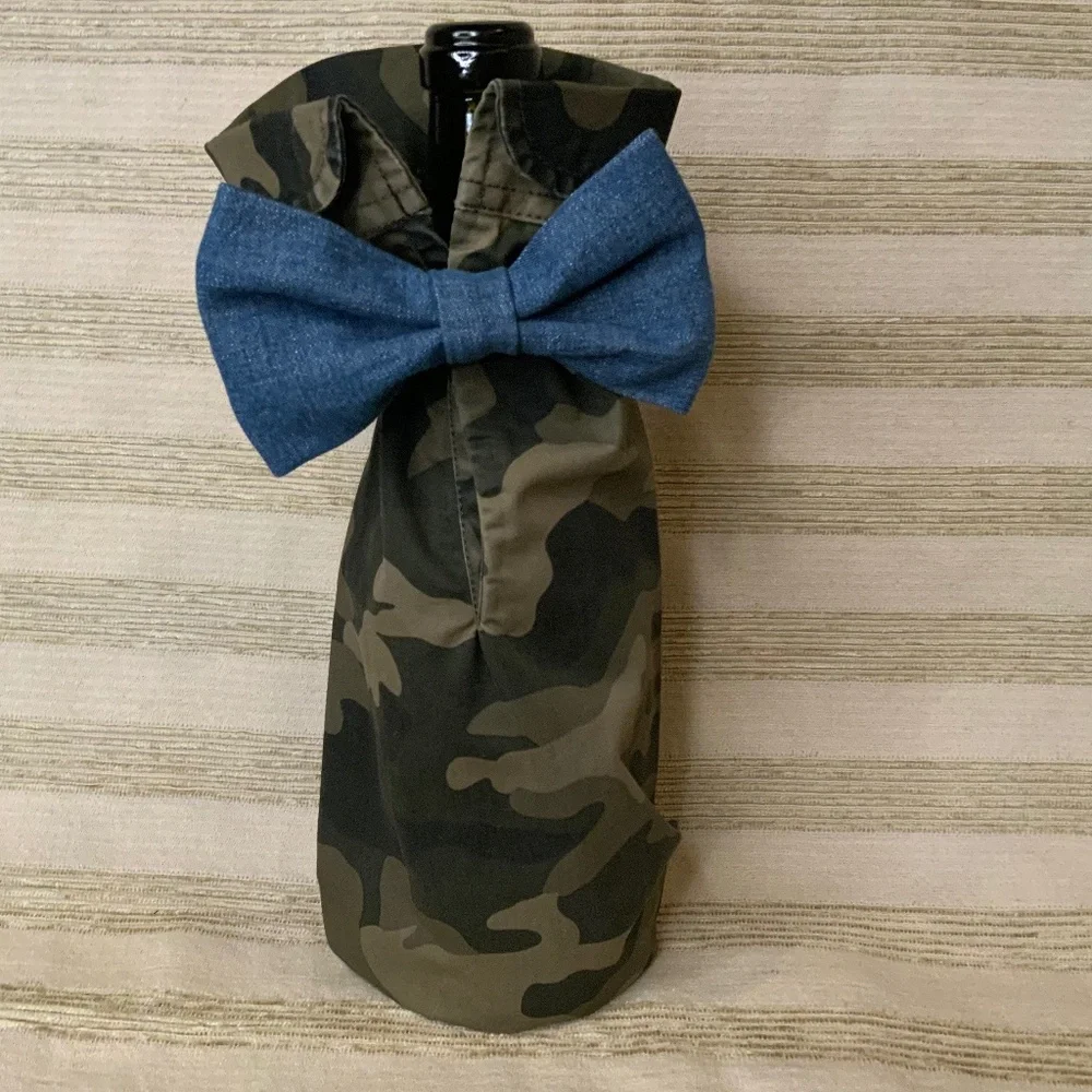 Handcrafted Wine or Liquor Bottle Gift Bag Made From Camo Shirt and Tie